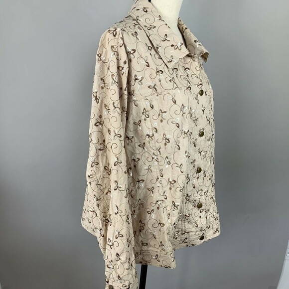 Leslie Fay Woman Button Up Shacket Plus 2X Beige Embroidered Cotton - Picture 7 of 11